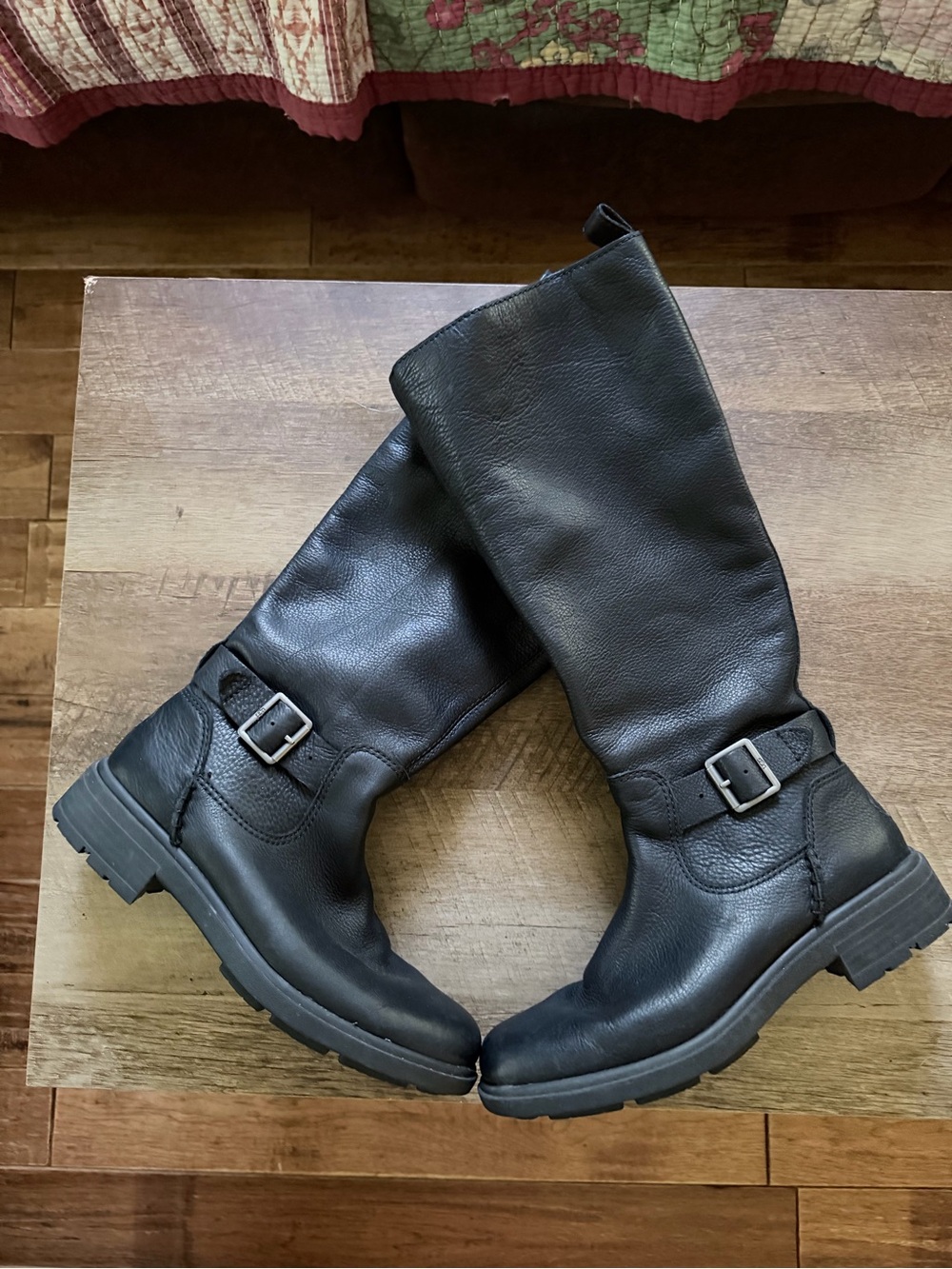 UGG Women’s Black Leather Zip-Up Mid-Calf Moto Buckle Boots